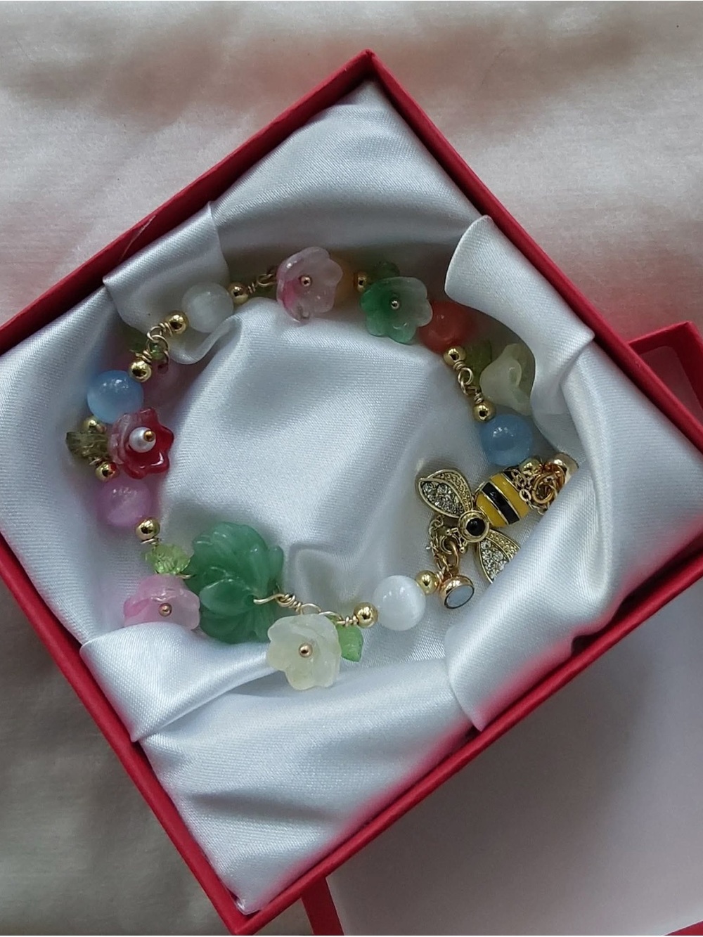 Multicolor Floral Bead Bracelet with Gold Bee Charm